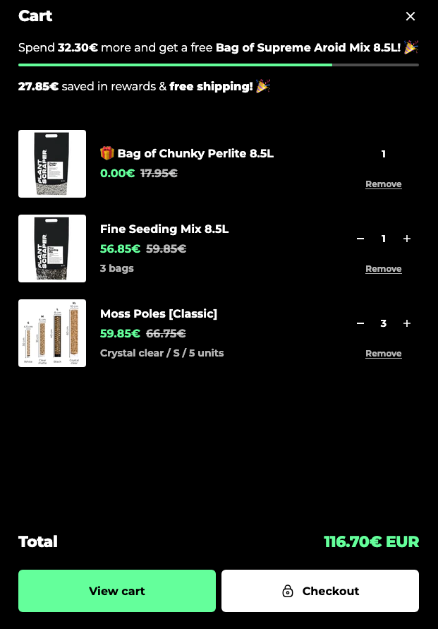 Showing a cart drawer with free gifts triggered by thresholds