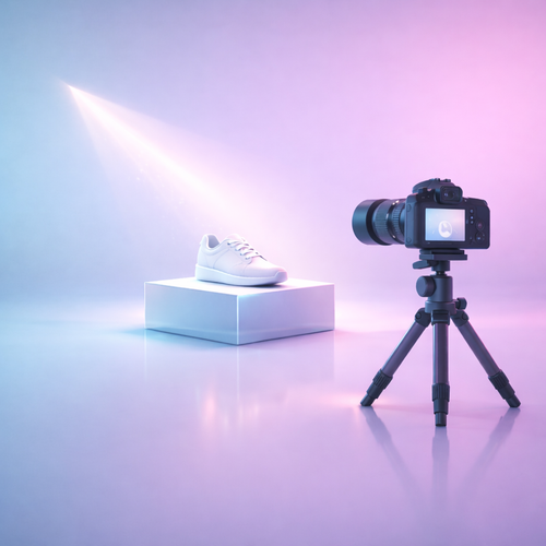 Camera on a tripod taking a photo of a white sneaker on a box with a gradient purple to blue background.