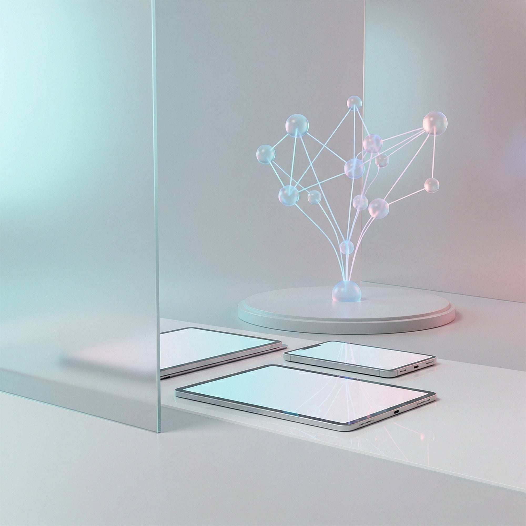 Modern interior design with a geometric sculpture and floating digital screens.