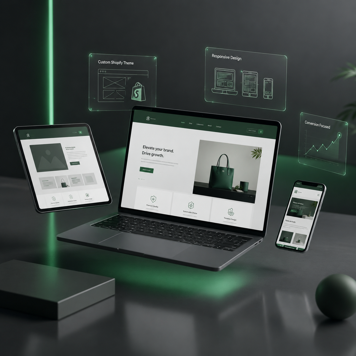 A laptop, tablet, and smartphone displaying a website template mockup on a dark reflective surface, with floating transparent UI panels and green illuminated accents in a studio setup.